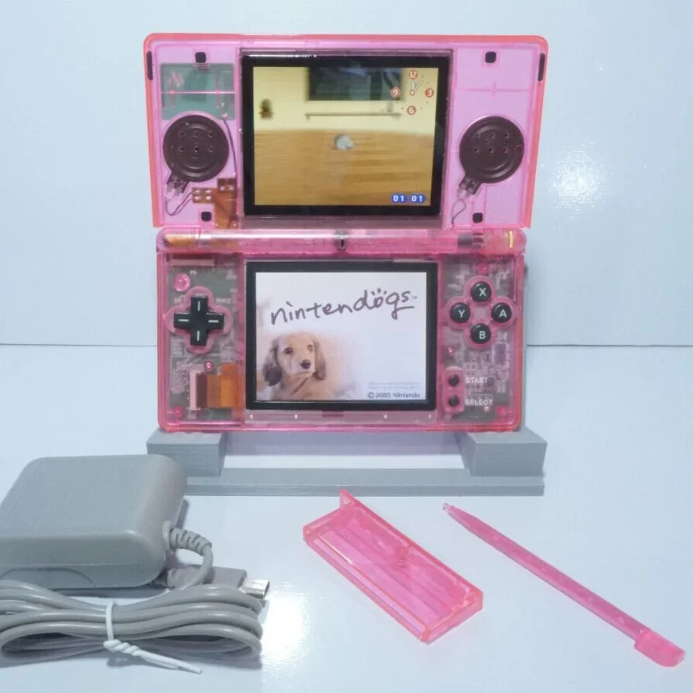 Nintendo DS Lite Transparent Clear Pink Handheld System with Charger & Stylus